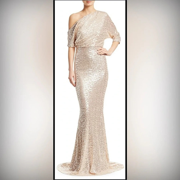 ! Badgley Mischka Asymmetric Draped Sequin Mermaid Gown - Picture 1 of 7